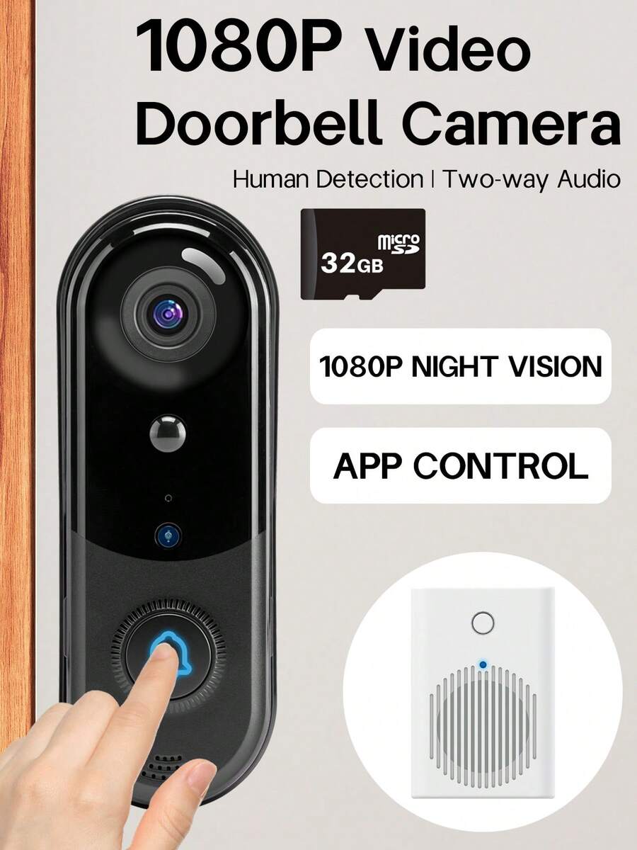 WiFi Doorbell Camera Wireless, Wireless Indoor Chime, 1080P Live Video, 1080P Night Vision, Free Cloud Storage, 32GB Micro SD Card, Motion Detection And Ai Human Detection, 2.4Ghz WiFi Only, Weather Resistance, Easy To Installation - màu đen - Xem 1