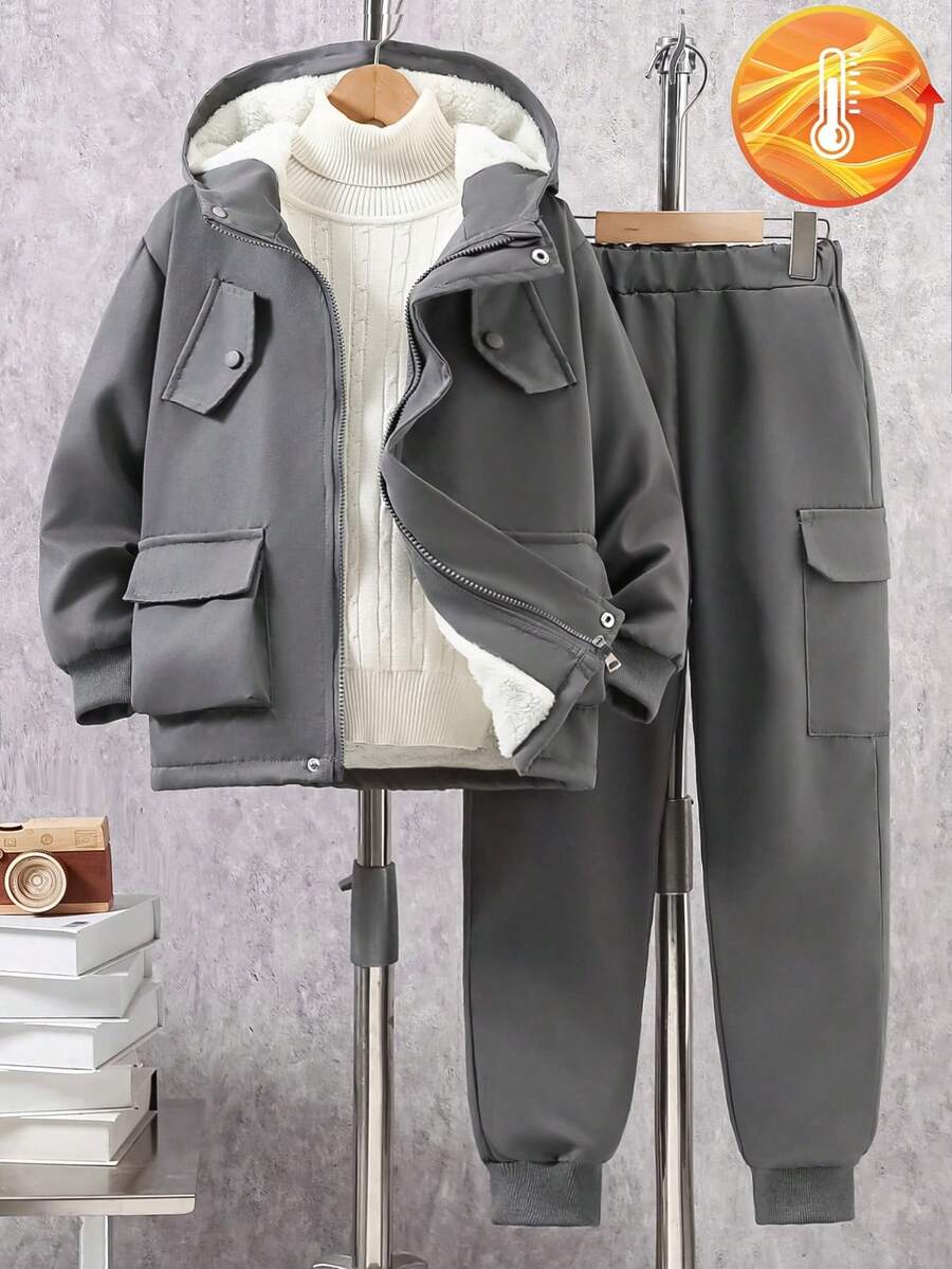2pcs Tween Boys' Casual Fashionable Hooded Sweatshirt & Cargo Pants Set, Thermal Lined, Autumn/Winter - Grey - View 1