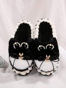 Pantuflas con plataforma de orejas de conejo de peluche y perlas falsas, elegantes y cálidas para el invierno, pantuflas adorables para interiores/exteriores para niñas