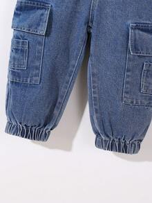 Pantalones largos de niña bebé de mezclilla lavada, diseño versátil con múltiples bolsillos, para uso casual y al aire libre