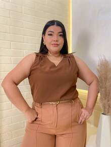 RAINBOW Plain Tank Top Sleeveless Blouse Plain Creppinho With 4 Buttons Plus Size G1G2G3 46-52 Casual Women - 62-CHOCOLATE - 查看 1