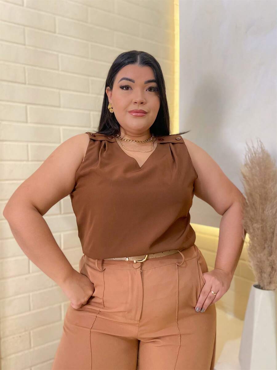 RAINBOW Plain Tank Top Sleeveless Blouse Plain Creppinho With 4 Buttons Plus Size G1G2G3 46-52 Casual Women - 62-CHOCOLATE - 查看 1