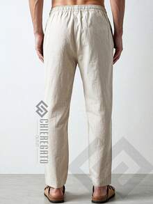 Men's Beige Linen Pants Beach Adjustable Drawstring Baggy Trousers Straight Casual Streetwear Balloon Bag Everyday - Màu be - Xem 4