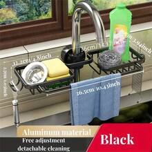 1 pieza Estantería de almacenamiento de cocina de aluminio, organizador colgante multiusos, se ajusta a la tubería de salida del grifo ≤ 8 mm, accesorio de baño, balcón y cocina con tubo dorado, estantes de utilidad