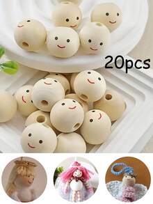 20pcs Smiling Face Wooden Beads Round Expression Loose Beads For Jewelry Making DIY Creative Hand String, Necklace Other Hanging Decors Beaded Craft Supplies - Beige - View 2
