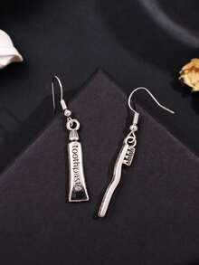 1 Pair Unique Funny Fashionable Asymmetric Toothbrush & Toothpaste Design Alloy Earrings For Women, Versatile Accessory For Holidays, Parties, Casual Wear