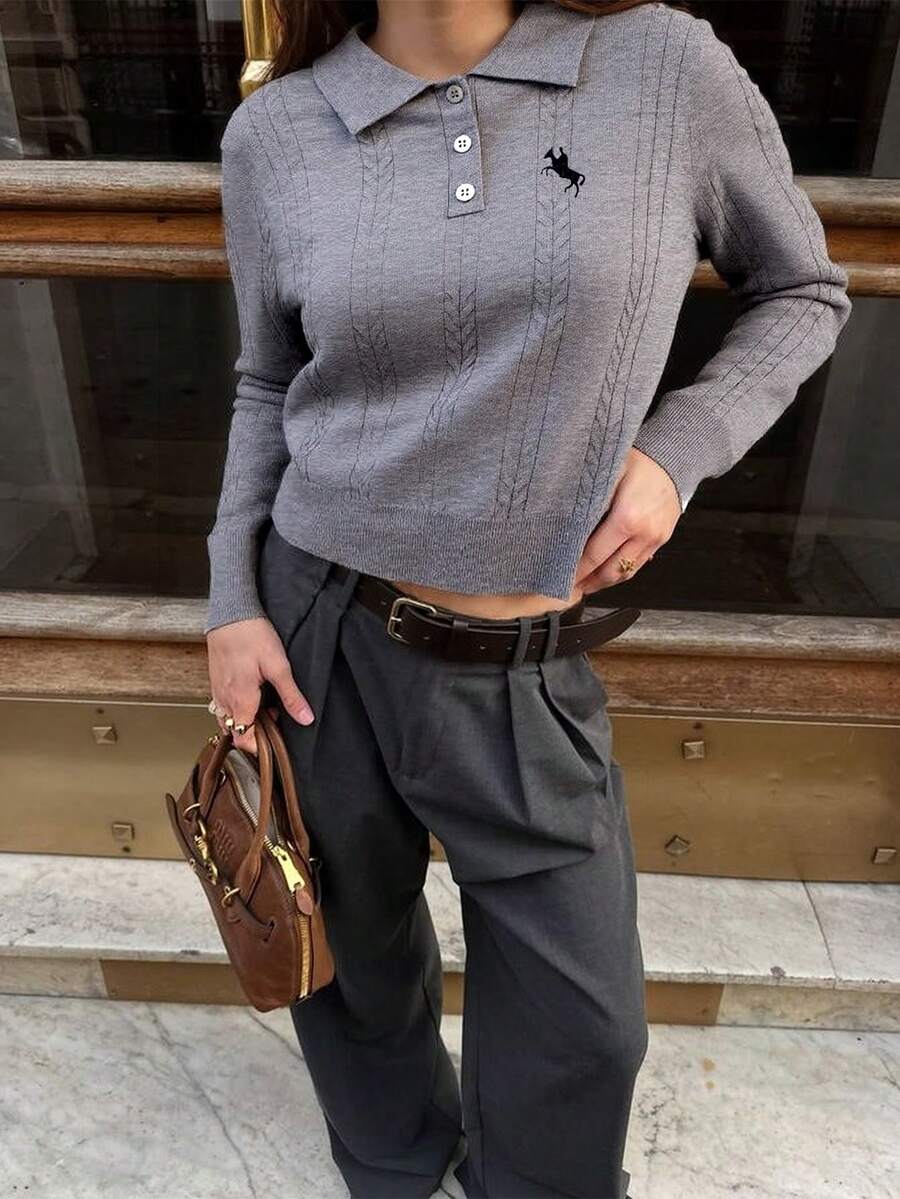 Cárdigan de punto bordado para mujer, diseño de button delantero con decoración de parche, ideal para otoño/invierno, trabajo y uso casual, Top de manga larga, blusas para mujeres, atuendos festivos, ropa, outfits para salir, top de ganchillo, dinero viejo, prendas de mujer desfalleciente, otoño, vuelta al colegio, desgaste de oficina para las mujeres