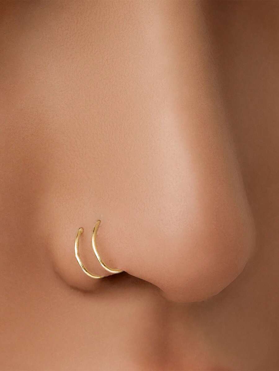 1pc S925 Sterling Silver With 14K Gold Plated Nose Ring Double Nose Ring Suitable For Single Hole - Stretchable Nose Ring Small Nose Ring Spiral Ring - 14K Gold Nose Silver - Sterling Silver Jewelry - Men's And Women's Unisex Piercing Jewelry - Fashion Hip Hop - Suitable For Daily Wear