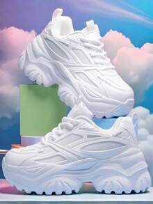 秋冬女士时尚休闲运动鞋，7 厘米厚鞋底，增高防水台，百搭白色高帮鞋，圆头，系带，透气网眼，适合日常、约会、健身、办公室，轻便减震 - 白色 - 查看 15