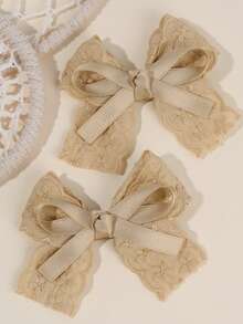 2 件女孩白色/粉色可爱优雅蝴蝶结发夹，纯色亚麻花朵印花和丝带手工蝴蝶结装饰，迷人装饰甜美可爱风格，适合日常穿着、派对、学校和春夏 - 彩色 - 查看 2