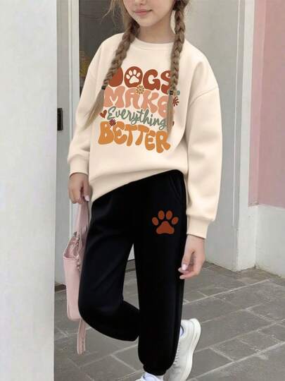 2 件套青少年女孩可爱风格口号印花圆领运动衫 + 可爱棕色爪印长裤套装秋冬系列