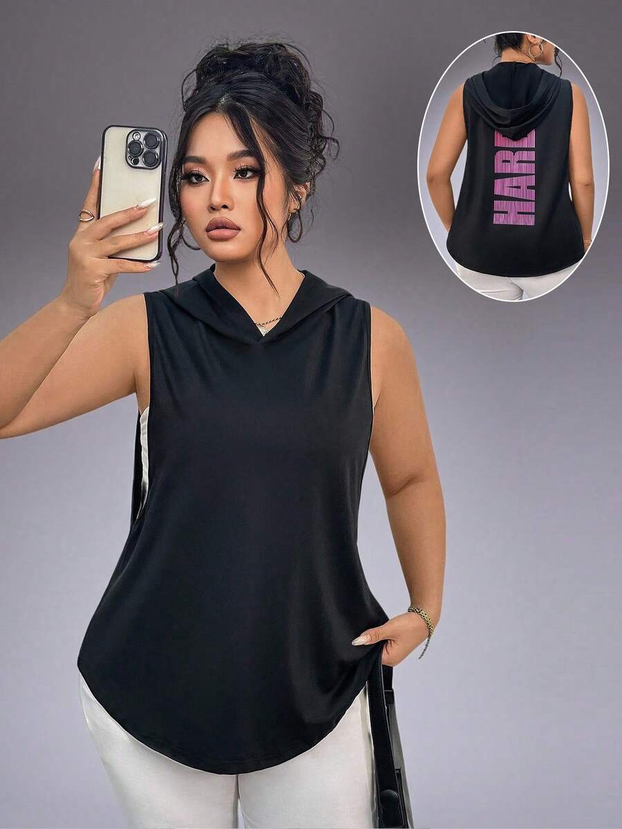 Áo thể thao nữ cỡ lớn, kiểu tank top, in chữ, không tay, có mũ trùm đầu, nhanh khô, dáng rộng, vạt cong.