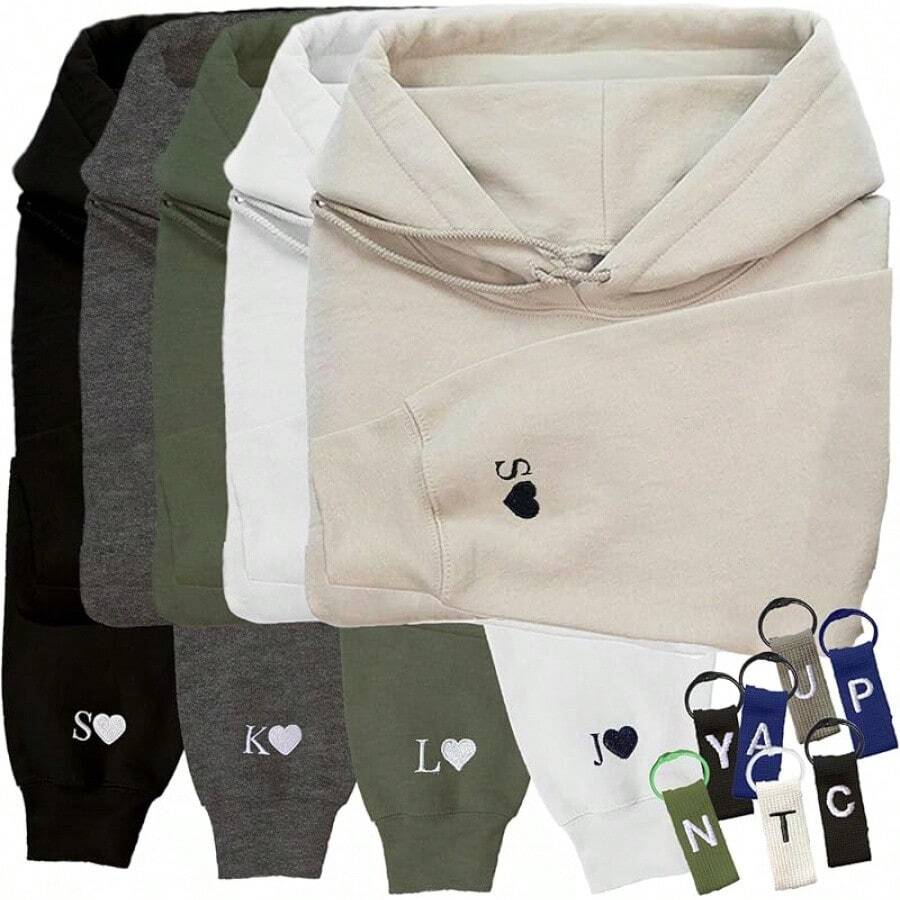 Custom Embroidered Initial Heart Hoodie Initial On Sleeve Hoodie Matching-20256688 - 黑色 - 查看 1