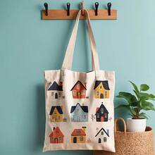 1pc Cartoon House Illustration Canvas Tote Bag - 13.8x15.8 Reusable Grocery Bag, Durable Polyester Canvas With Leak-Proof Design, Colorful Whimsical Houses Pattern Daily Commute, School, Shopping - House Lovers (Mother's Day, Graduation, Easter), Everyday Carryall, Sturdy Construction, Students And Commuters