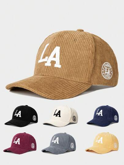 1pc Embroidered LA Front & Side Corduroy Baseball Cap, Outdoor Sun Protection Casual Hat Suitable For Autumn/Winter Outdoor Activities, Travel, Unisex Y2K Style For Young Adults