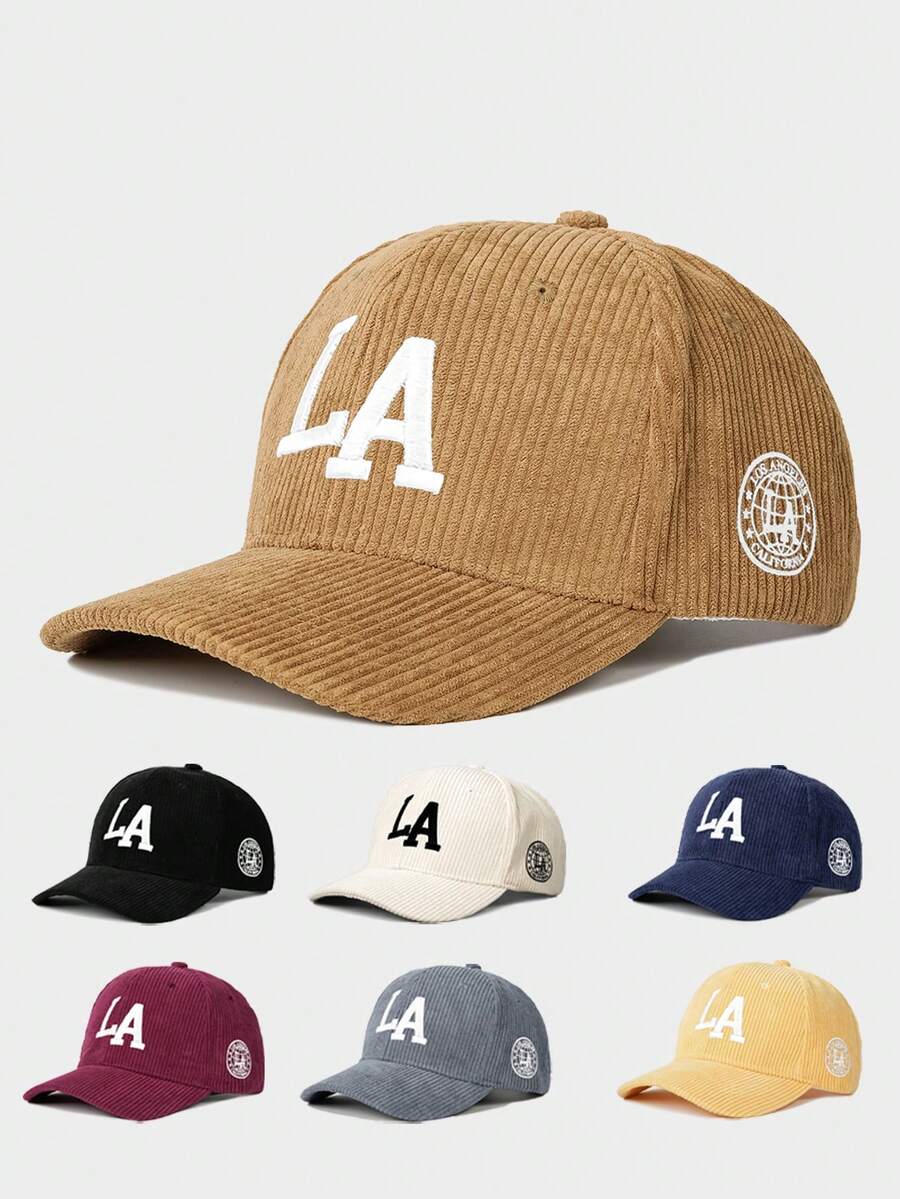 1pc Embroidered LA Front & Side Corduroy Baseball Cap, Outdoor Sun Protection Casual Hat Suitable For Autumn/Winter Outdoor Activities, Travel, Unisex Y2K Style For Young Adults