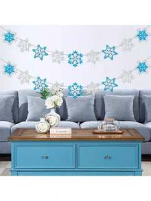 闪光冰雪奇缘雪花花环装饰横幅冬季白色和蓝色雪花横幅装饰适用于仙境冰雪派对装饰、生日和圣诞节装饰 - 彩色 - 查看 5