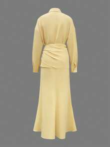 3pcs Women's Elegant Solid Color Shirt + Skirt Set, Front Button Closure, Suitable For Vacation, Office, Daily Wear, Spring/Autumn - Yellow - View 2
