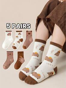 5prs Kids Cute Cartoon Capybara Animal Mid-Calf Socks - Multicolor - View 6