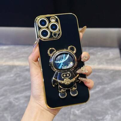 Fashionable Starry Space Astronaut Quicksand Bear Folding Bracket Phone Case, Anti-Shock Electroplated Soft Shell Compatible With IPhone 17/6/7/8/X/XS/XR/11/12/13/14/15/16, Compatible With Galaxy S25 S26 A02s-A07-A17-A26-A71, Compatible With OPPO, Compatible With Infinix, Compatible With Honor, Compatible With Redmi, Compatible With Moto, Reno, Magic,International Version, Not The Domestic Version