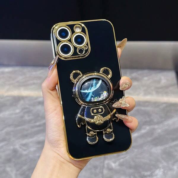 Fashionable Starry Space Astronaut Bear Folding Bracket Shockproof Electroplating Soft Phone Case