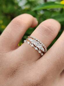 Set de 3 anillos de plata de ley 925 con circonita cúbica, anillos de lujo y elegantes para mujeres para citas y fiestas, regalo de joyería refinada para aniversario - Tres anillos de - Ver 6