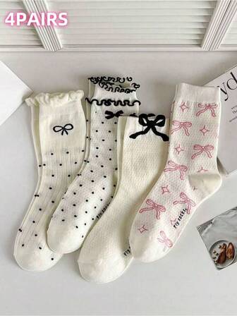 4 Pairs Cute Bow & Ruffle Trim Over-The-Knee Socks For Women, Autumn
