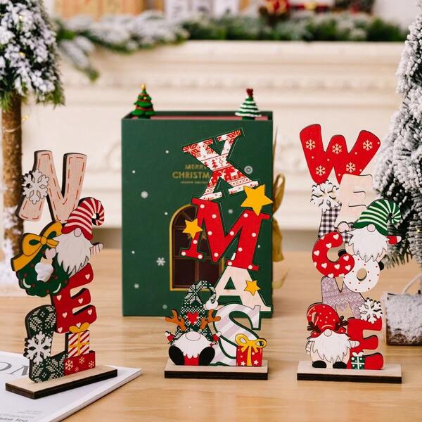 1pc/3pcs Christmas Desktop Decor Printed Wooden Figurine Old Man English Ornament, Desktop Decoration, Party Supplies, Perfect Small Gift For Family And Friends