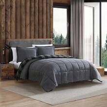 Twin Comforter Set, Microsuede Bedding With Soft Plush Faux Shearling Reverse, 2 Piece Bed Set With Matching Pillowcase (Cabin Plaid), Luxury Cozy Bed Linens - Grey - View 5