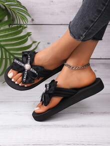 Sandalias de verano con lazo de encaje de moda, con decoración de punta abierta, elementos glamorosos de perlas, regalo perfecto para mujeres y niñas