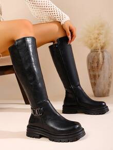 女士黑色新款时尚舒适圆头搭扣装饰侧拉链防滑加厚鞋底布衬PU皮革春秋季户外休闲假日街头百搭中筒靴，派对靴 - 黑色 - 查看 3
