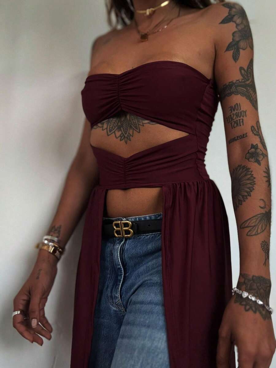 Tube Top With Side Stripe Simple Hollow / Cut Out Ruffled Beach Holiday - Burgundy - View 1