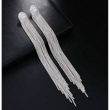 2pcs Bride Decor Long Tassel Earrings, Copper Zirconia Stone, Unique Design Elegant Earrings Suitable For Wedding, Formal Dress