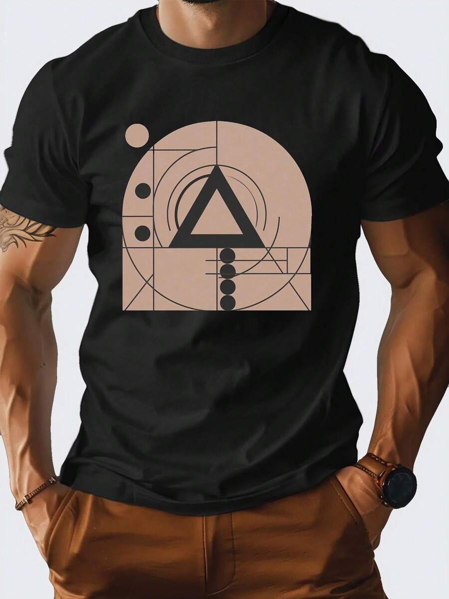 1 camiseta gráfica con estampado digital para mujer Geometría, triángulo, círculos, líneas Camiseta casual de cuello redondo y manga corta. Camiseta de algodón ligera para las cuatro estaciones, lavable a máquina, no lavar en seco. - Negro - Ver 1