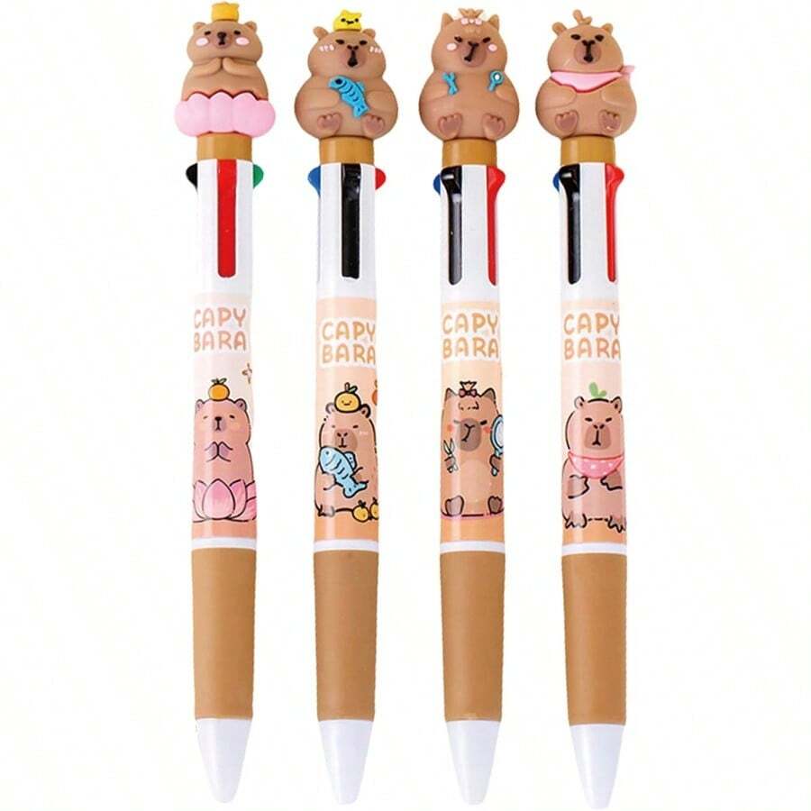 4 Pcs Capybara Multicolor Ballpoint Pen 4in1 Retractable Pen Cute Cartoon Pen Capybara Ballpoint Pen For Office School Supplies Boys Women Men Pens 4Pcs Capybara - 4隻水豚 - 查看 1