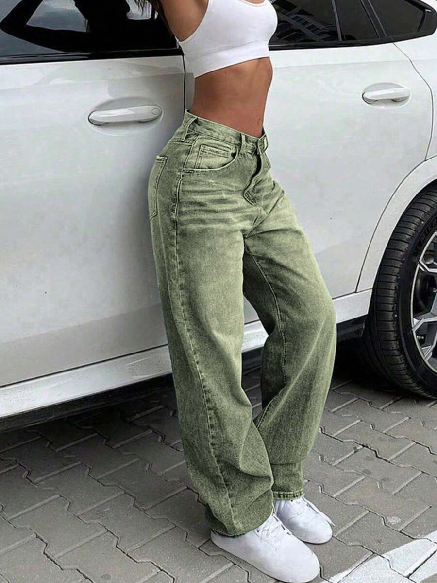 Luźne, proste, szerokie nogawki, jeansy damskie w stylu retro z guzikami - Wojskowa Zieleń - Zobacz 1