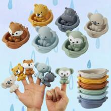 Colorful Floating Animal Bath Toy Set - Stackable Boats And Animals In Khaki, Gray, Green, Blue And Yellow Colors - Durable ABS Resin Material - Perfect For Bathtub Play, Ideal Holiday And Birthday Gift For Boys And Girls, Bath Toy Set | Quirky Animal Shapes | ABS Resin Toys, Bath Toys - Multicolor - View 2