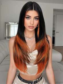Fashion Black Highlight Orange Long Straight Wig 26 Inch Middle Parted Style Halloween Christmas Wig Realistic Natural Easy Care Heat Resistant Synthetic Fiber Wig Women Daily Wear Party Wig Cosplay Costume Wig Music Festival Performance Versatile Style Suitable For All Races - 挑染棕色 - 查看 2