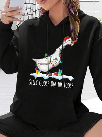 Cute Funny Santa Duck Silly Goose On The Loose Christmas Hooded Sweatshirt Womens Hoodies,Soft Warm Shirts,Classic Hoodie,Pullover Hoodie