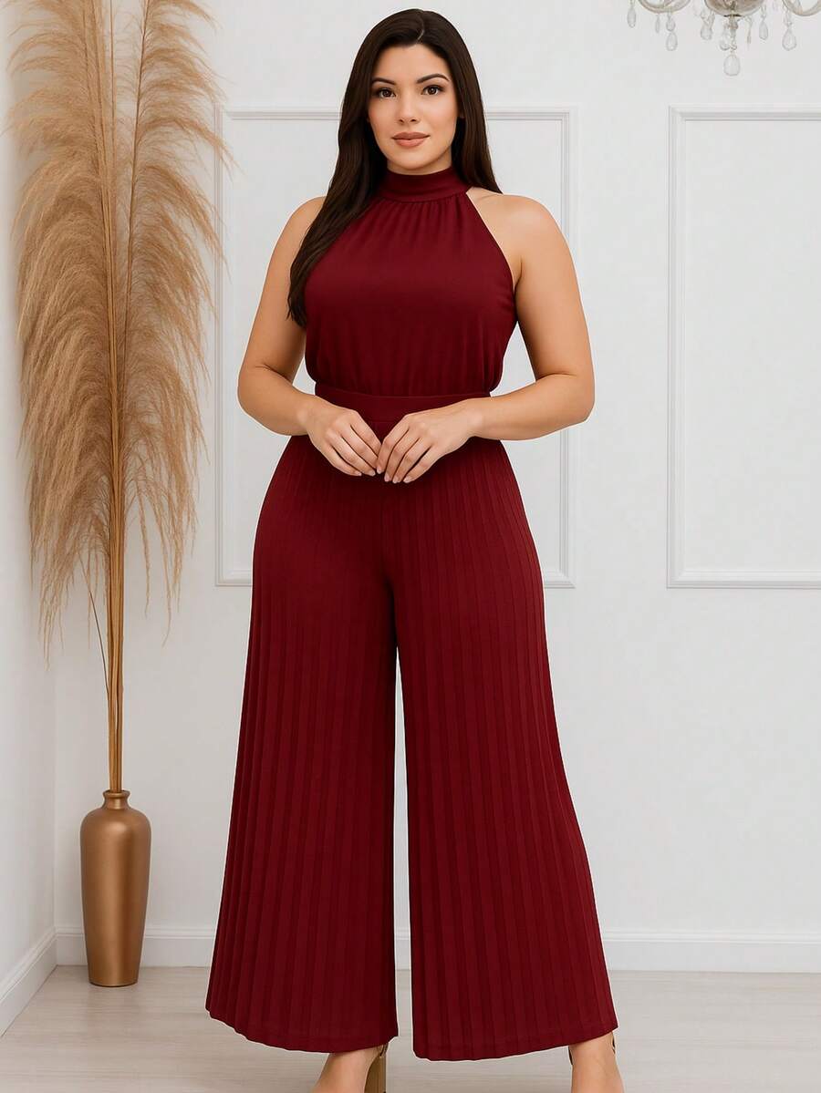 Pleated Jumpsuit Perfect For Parties And Weddings - 酒紅色 - 查看 1