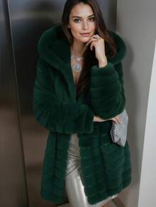 Abrigo Elegante Largo de Color Sólido con Capucha y de Peluche, Envolvente para Mujer Ideal para Otoño/Invierno - Verde Esmeralda - Ver 1