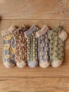 5pairs Women Floral Pattern Fashionable Ankle Socks For Daily Life - Multicolor - View 8