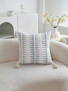 1pc Blue Geometric Print Braided Decorative Pillow Cover, Suitable For Indoor Decor, All Seasons, Tasseled Design, Pillow Insert Not Included - Blue - View 12
