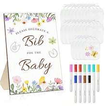 D33Pcs Baby Shower Games Bib Decorations Set With 20 White Bibs 12 Color Fabric Markers And 1 Wooden Wildflower Game Sign DIY Baby Shower Activity Kit For Gender Reveal Party Decor Plies10 - 如圖 - 查看 1