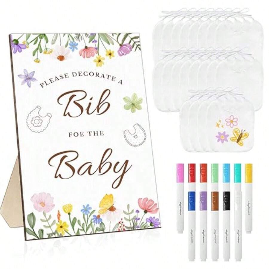 D33Pcs Baby Shower Games Bib Decorations Set With 20 White Bibs 12 Color Fabric Markers And 1 Wooden Wildflower Game Sign DIY Baby Shower Activity Kit For Gender Reveal Party Decor Plies10 - 如圖 - 查看 1