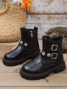 1 par de botas deportivas casuales de estilo europeo con cremallera lateral de piel sintética para niñas, adecuadas para todas las estaciones