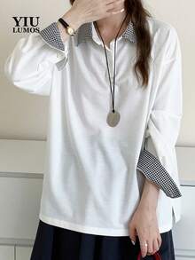 白色休閒女款落肩 Polo 衫，格紋領口與袖口，舒適針織面料 - 白色 - 查看 6