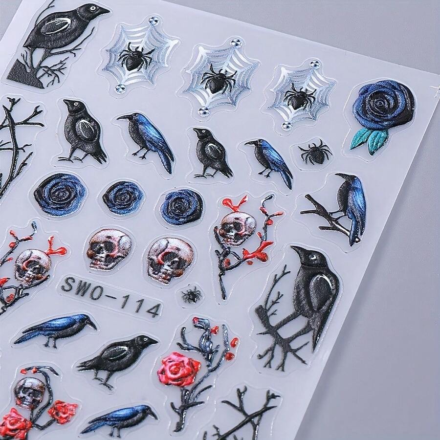 2pcs Halloween-Themed Nail Stickers With Skulls, Roses, Birds & Spiders - Self-Adhesive, Glossy Finish, Single Use, Perfect For Scary Season Manicures, Halloween Nail Art | Skull & Rose Design | Glossy Finish Stickers, Halloween Nail Stickers - 彩色 - 查看 1