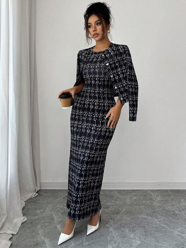 2pcs Women Elegant Plaid Print Fitted Dress And Jacket Set Fall Cloth For Women