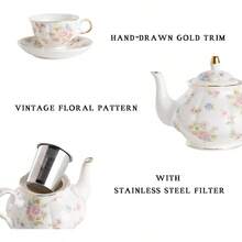 Sweejar Porcelain Tea Sets Vintage British Floral Relief Gold Rimmed Teapot Cup And Saucer Set Tea Set Service For 6 With Teapot Sugar Bowl Milk Jug Spoons Tea Cup And Saucer Small Flower - SmallFlower - View 2